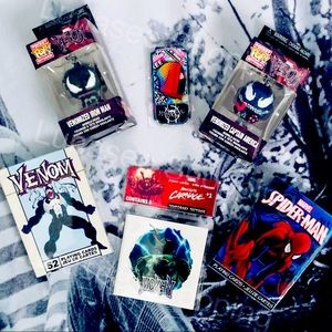 Spider-man, Venom, & Marvel cards, pins, keychains, and more bundle